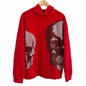 HEADS OR TAILS Graphic Skull Rhinestone Studded 3D Hoodie Shirt Red Mens Size XL